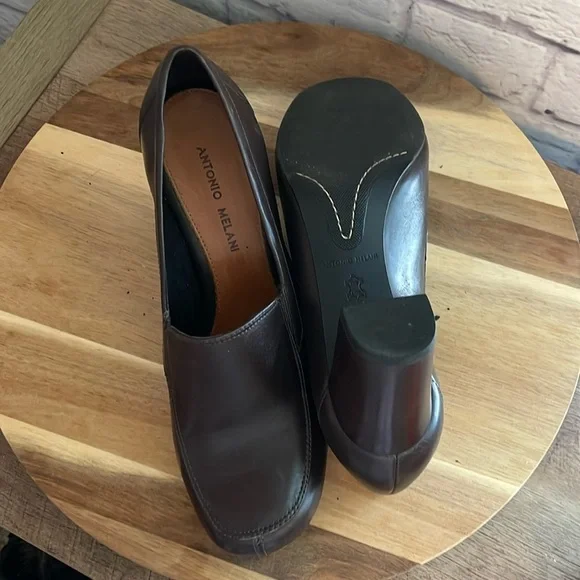 Antonio Melani Brown Leather Square Toe Loafers with block heel   9.5 M - Picture 6 of 9